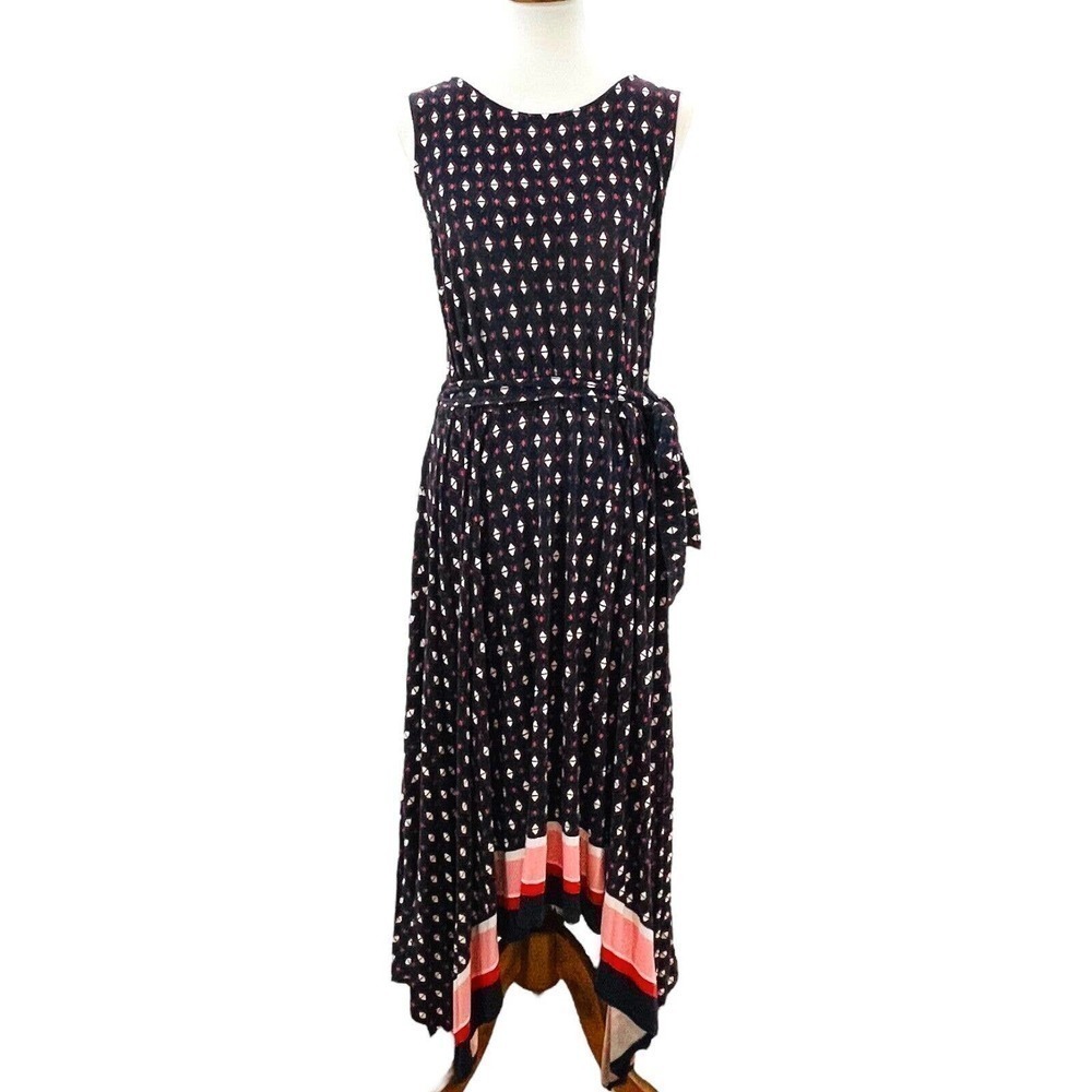 WESTPORT Navy Red Geo Print Sleeveless Tie Waist A-Line Maxi Dress Size 1X